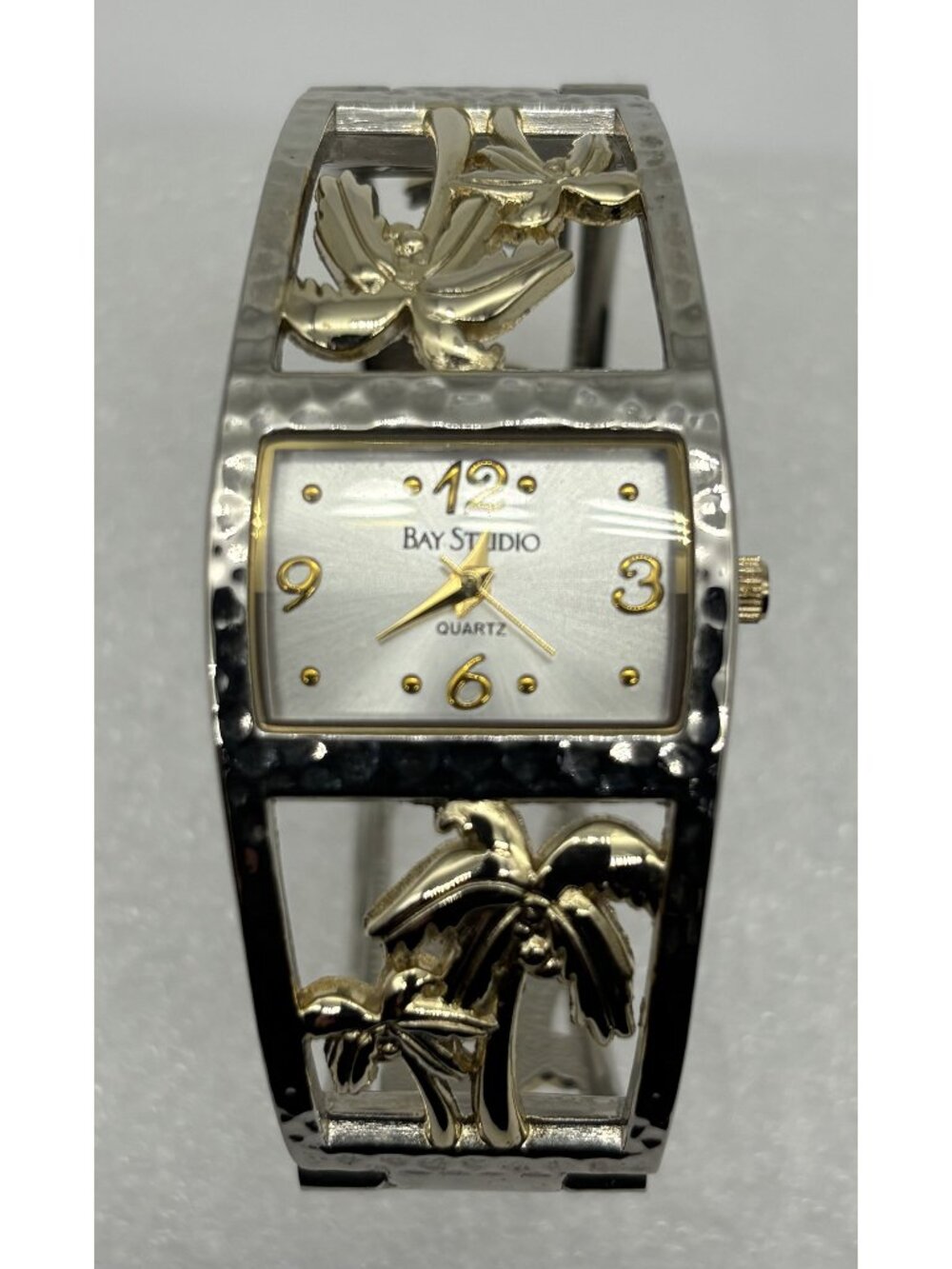 Vintage Bay Studio BYS 111 318 Wristwatch Hinged Cuff Two Tone Palm Tree Cut Out
